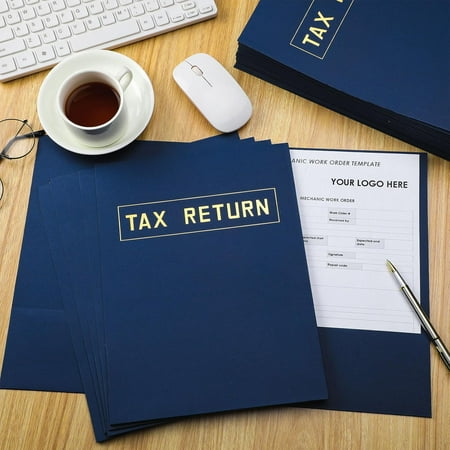 100 Pcs Tax Return Folders Bulk 9 x 12 Inch 2 Pocket Gold Foil Stamped Folder with Pockets for Business Office Storing or Handling Personal and Customer Tax Return Organizer (Blue)