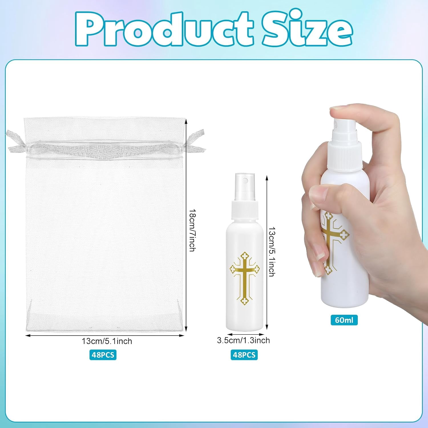 48 Pcs 2 oz Holy Water Spray Bottles Catholic Bulk Plastic Holy Water Empty Containers with Organza Bags for Church Events Wedding Baptism Party Favors