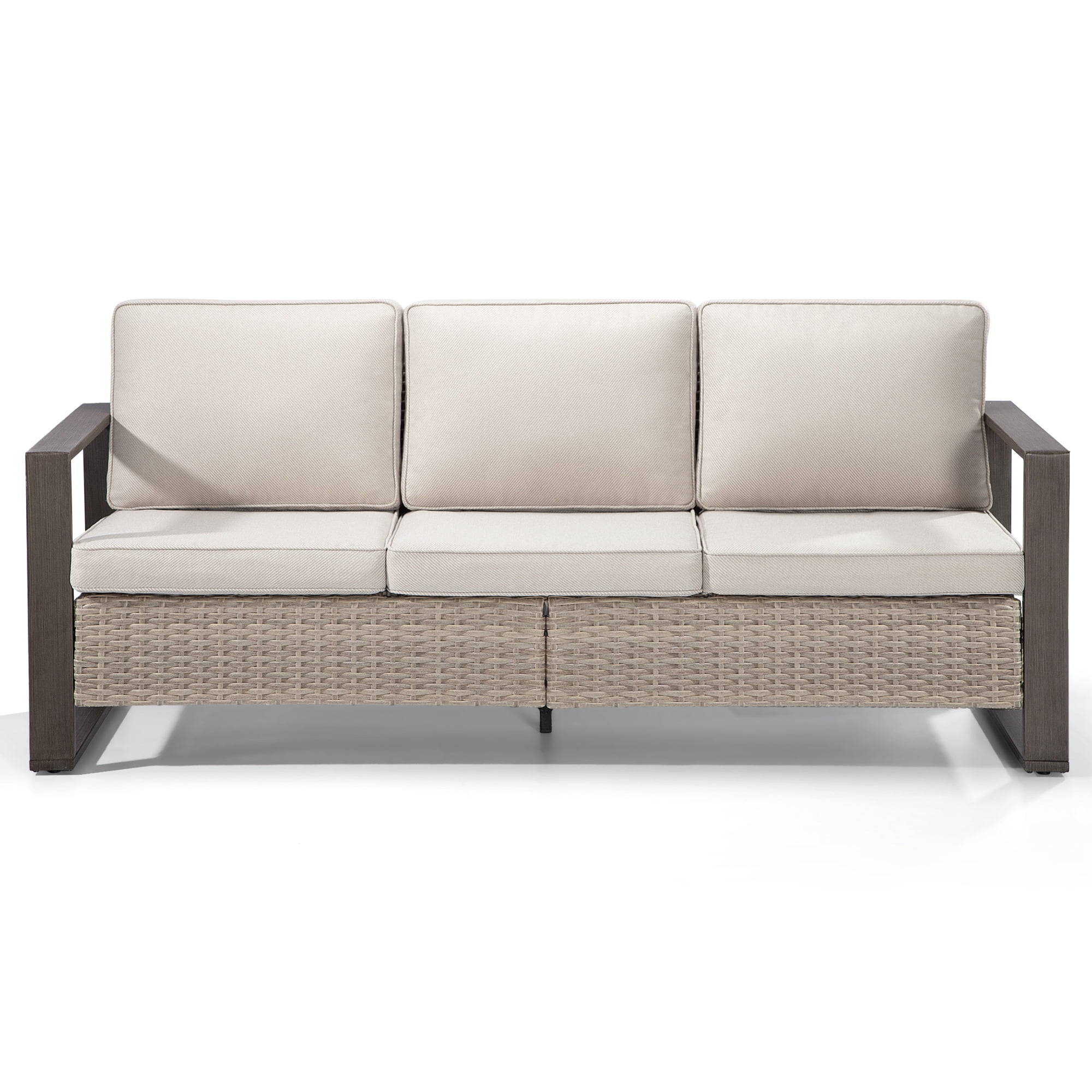 Meetleisure 3-Seat Patio Wicker Sofa with Removable Cushions, Beige