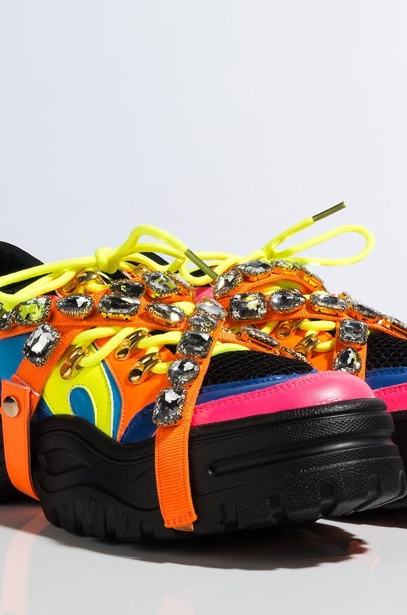 Cape Robbin CHUNK FEVER Neon Multicolor Mesh Trim Jewel Straps Lug Sole Sneaker Cape Robbin CHUNK FEVER Neon Multicolor Mesh Trim Jewel Straps Lug Sole Sneaker