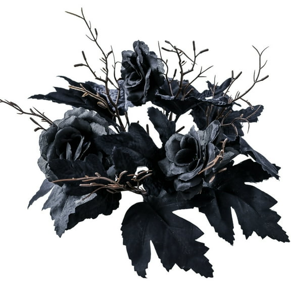 Black Halloween Candle Rings - 1-3 Pcs 10 Inch Artificial Wreath with Black Roses, Pumpkins, Maple Leaves for Thanksgiving, Fall Table Centerpieces, Fireplace, Door, Party Decor