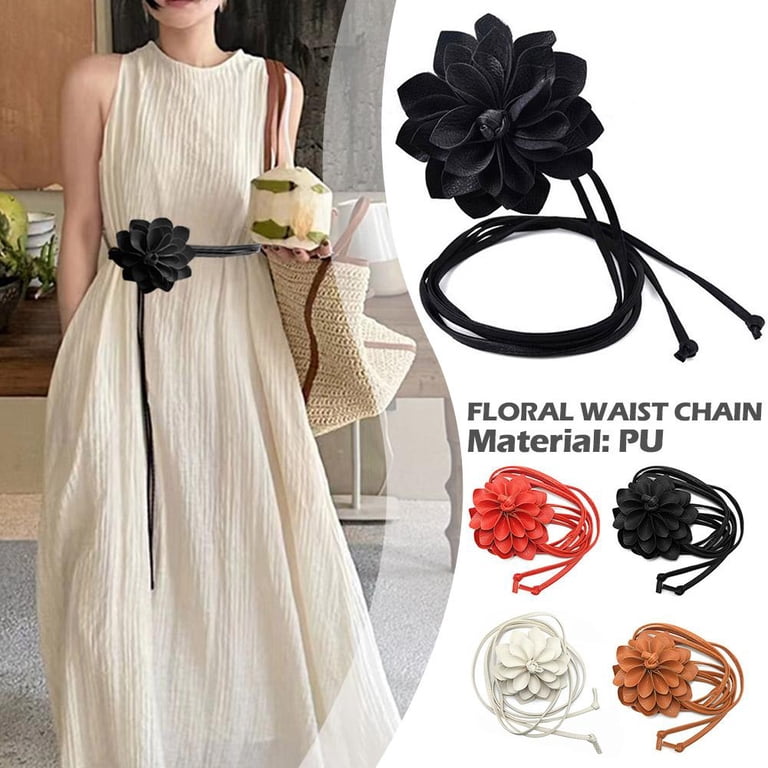 PU Leather Rope Floral Waist Belt with Tulip Flower Accent Boho Flower Waist Belt Pu Leather Material,Women Tassel Thin  main image 2