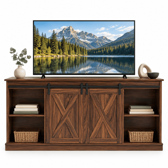 Modern Farmhouse TV Stand, Fits up to 65 Inch TV, Sliding Barn Door Entertainment Center with Double Storage Shelves, Wood Media Console for Living Room