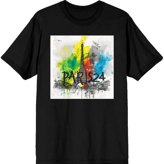Colorful Eiffel Tower Adult Black Crew Neck Short Sleeve Tee-Medium
