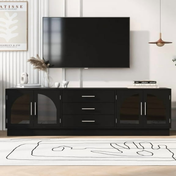 Modern TV Stand for TVs up to 75 Inches, Minimalist Entertainment Center with 3 Drawers & 2 Glass Cabinets, Adjustable Shelf Media Console for Living Room, Black
