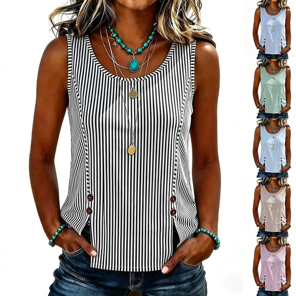 MaFYtyTPR Women’s Striped Sleeveless Tank Tops Casual Crew Neck Button Detail Loose Blouse for Daily Wear Z-Black L