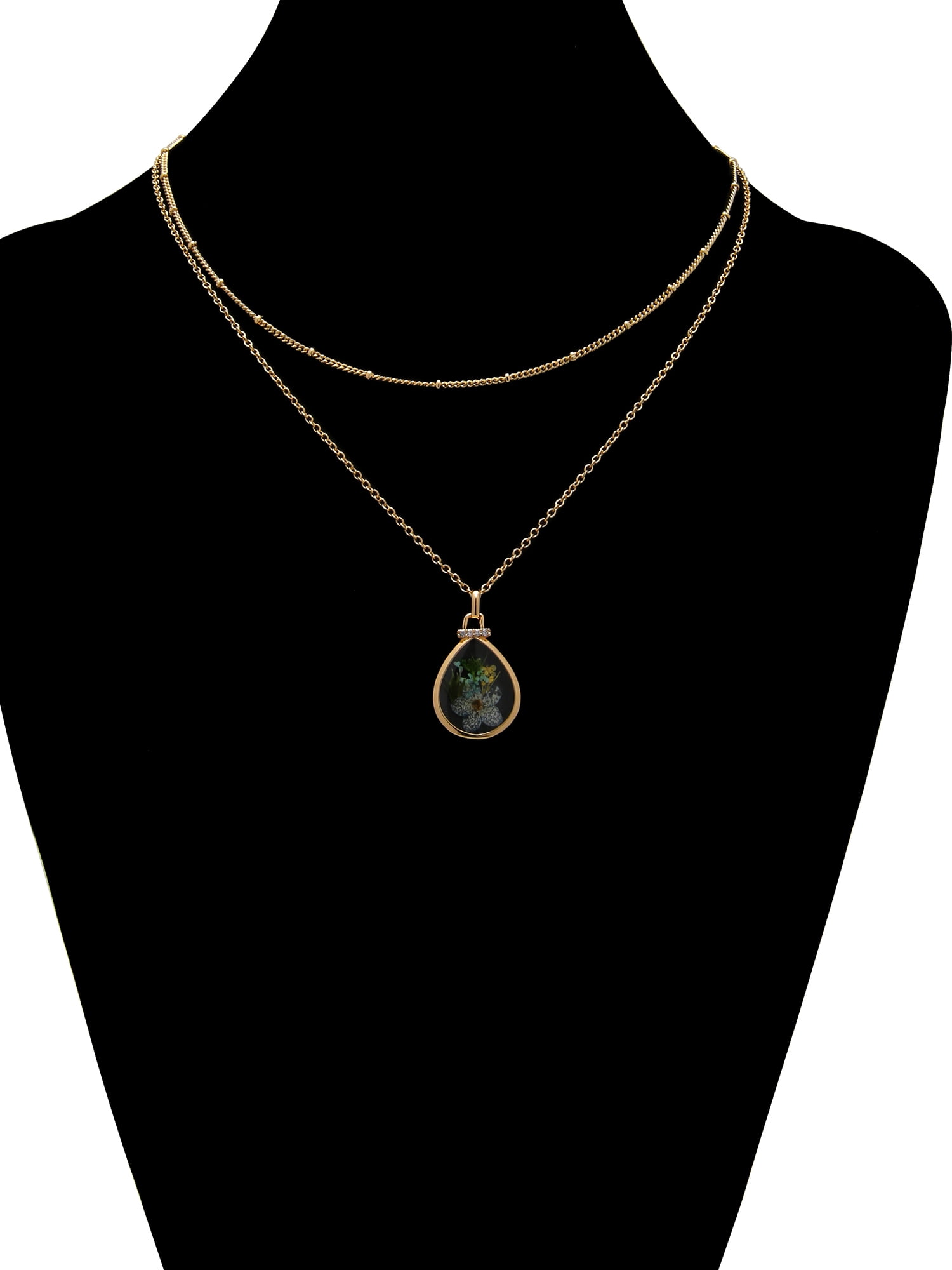 Believe by Brilliance 14KT Gold Flash Plated Double Necklace Set with Genuine Flowers