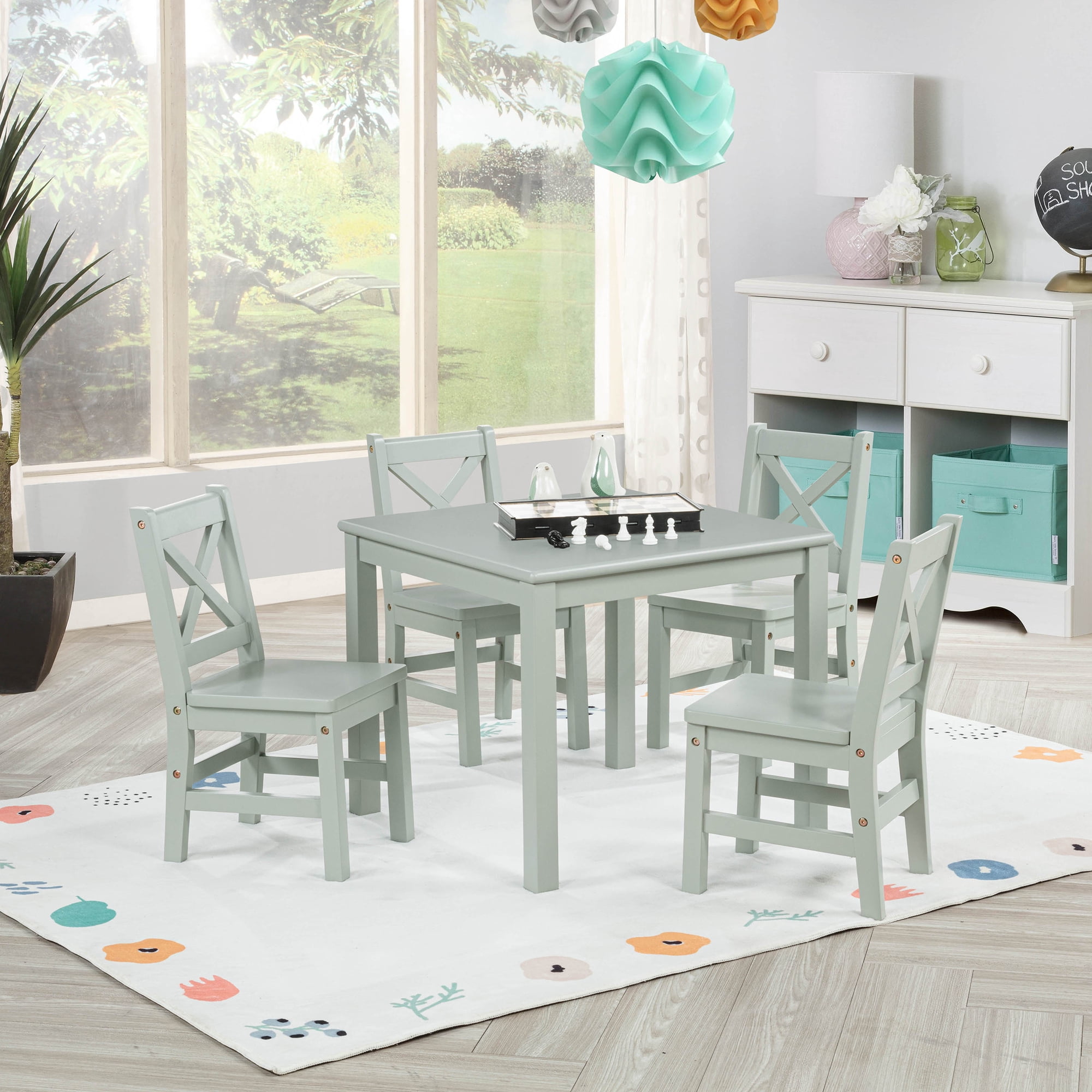 eHemco Solid Hard Wood Kids Table and X-Back Chairs Set (4 Chairs Included), Sage Green, 5 Piece Set