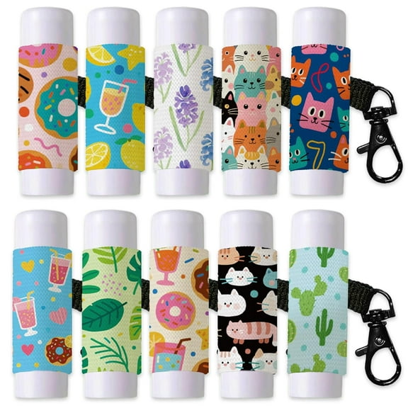 10PCS Cats Plants Drinks Donuts Lip Balm Keyring Colorful Lipstick Holder Pouch Clip on Lip Gloss Sleeves with Metel Clasp Elastic Chapstick Holder for DIY Lipbalm Chapstick Storage