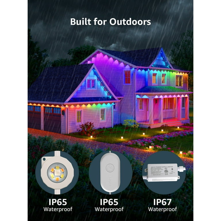 Smart Permanent Outdoor Lights 150FT, 2-in-1 RGB String Lights - App Controlled, IP65, For House, Garden, Holidays