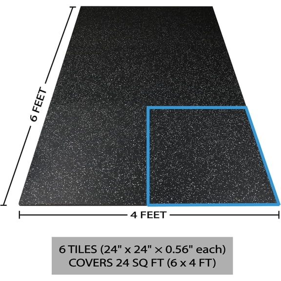 0.56 Inch Thick 24 Sq Ft Gym Flooring for Home Gym, 6 Tiles Robust Rubber Top with Eva Foam Exercise Equipment Mats, Protective Flooring Puzzle Mat for Fitness Room
