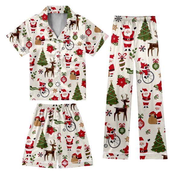 Bainana Unisex Christmas Pajamas For Kids Cartoon Print Short Sleeve Button Down Shirt Shorts Pants Bathroom Wear Boys And Girls Daily Casual Matching Set, Size 4-5 Years