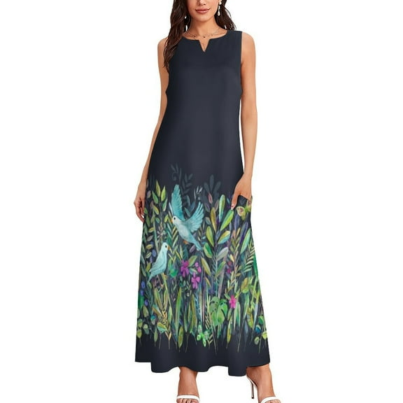 Little Garden Birds in Watercolor Long Dress luxury evening dresses Party dresses beach dress