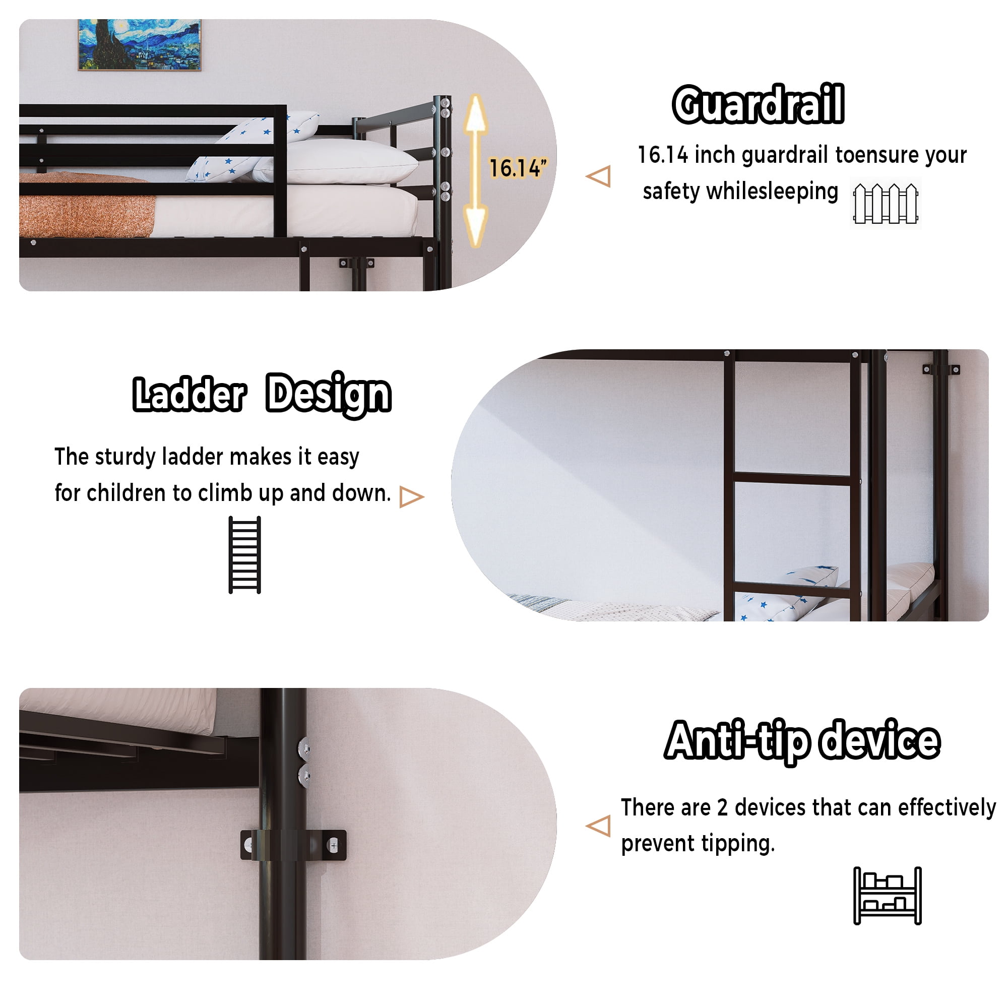 Leumius Metal Bunk Bed Twin Over Twin with Ladder and High Guardrail, Heavy-Duty Steel Slats Support for Kids Teens Adults/Dorm, Under-Bed Storage Space, Noise Free,Black