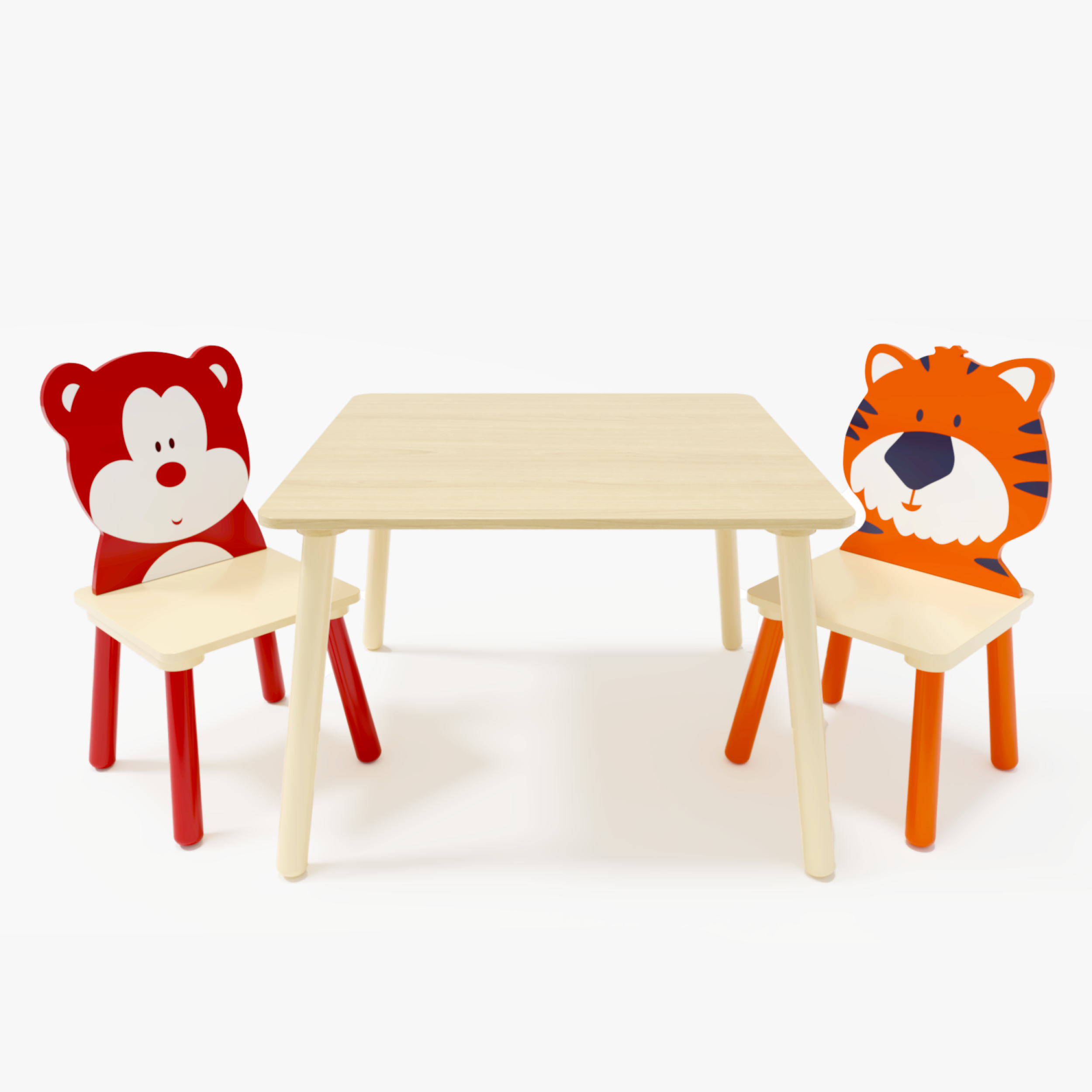 3 Pieces Kids Table and Chair Set, Kids Wood Table with 2 Chairs Set Cartoon Animals (Bear&Tiger) 91668