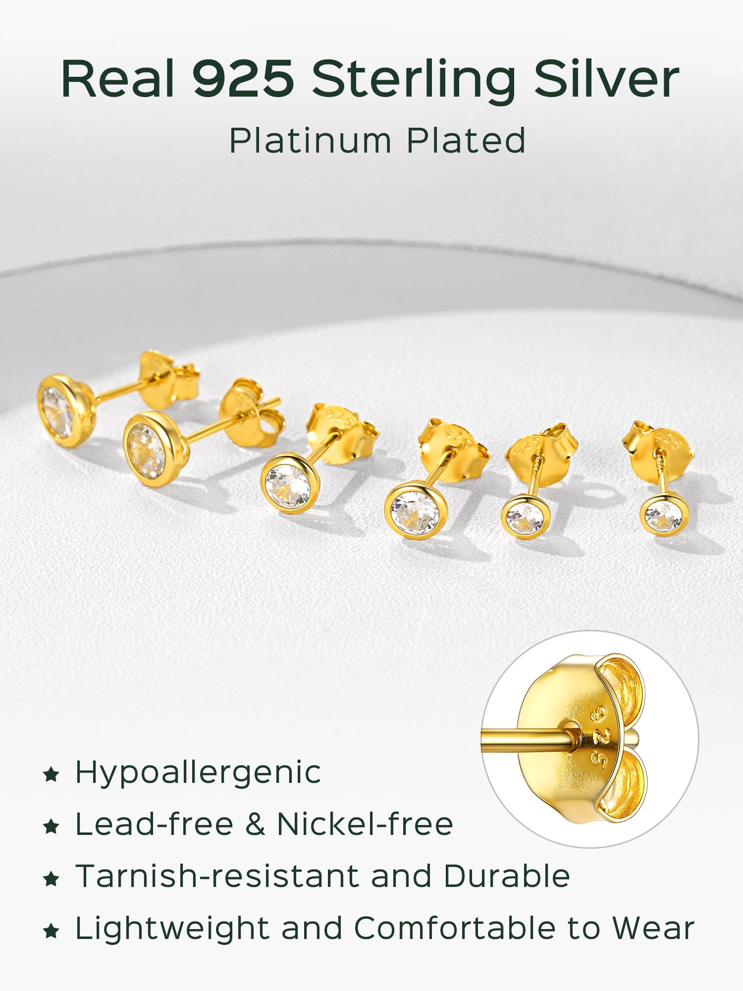 ChicSilver 3 Pairs Sterling Silver Stud Earrings for Women Men, 3/4/5MM Hypoallergenic Simulated Diamond Round Cubic Zirconia Ear Stud Set for Sensitive Ears, Gold