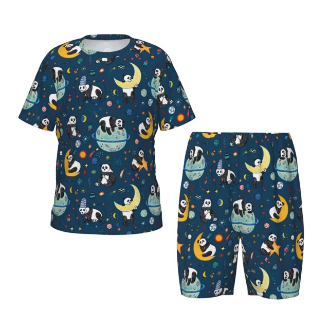 Fotbe Space Sleeping Panda Pijama Estampada de 2 Piezas para Niños – Ropa de Dormir de Manga Corta Cómoda para Niños y Niñas, Camiseta y Shorts de Algodón-XX-Large