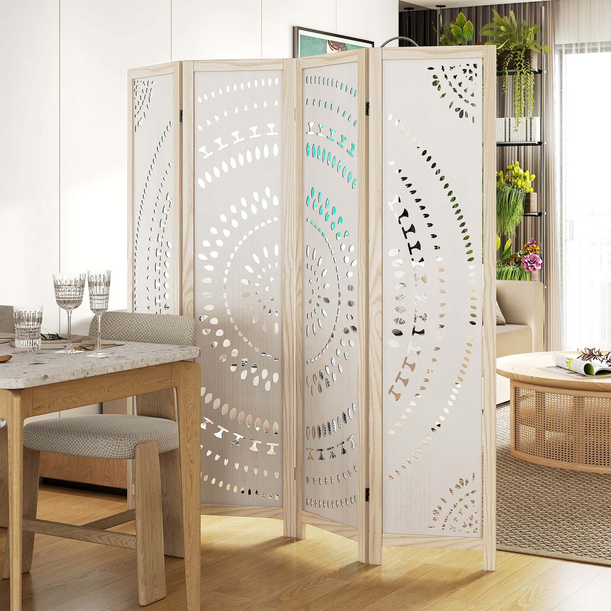 Costway 66" Boho 4-Panel Room Divider with Carved Pattern & Solid Wood Frame 360° Hinges