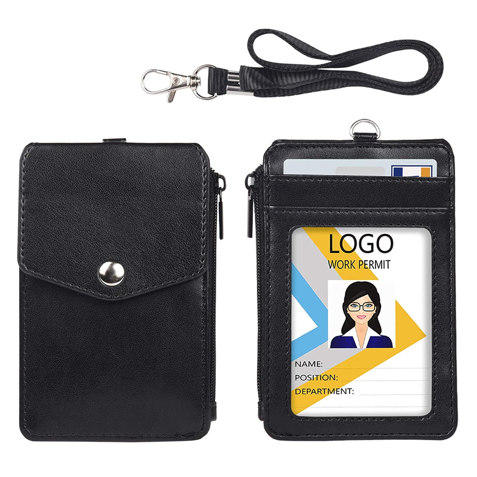 Premium Leather ID Holder with Nylon Lanyard for Office School ID Leather Badge Holder with Zipper Pocket,1 Clear ID Window and 3 Card Slots with Secure Cover Driver Licence Credit Cards