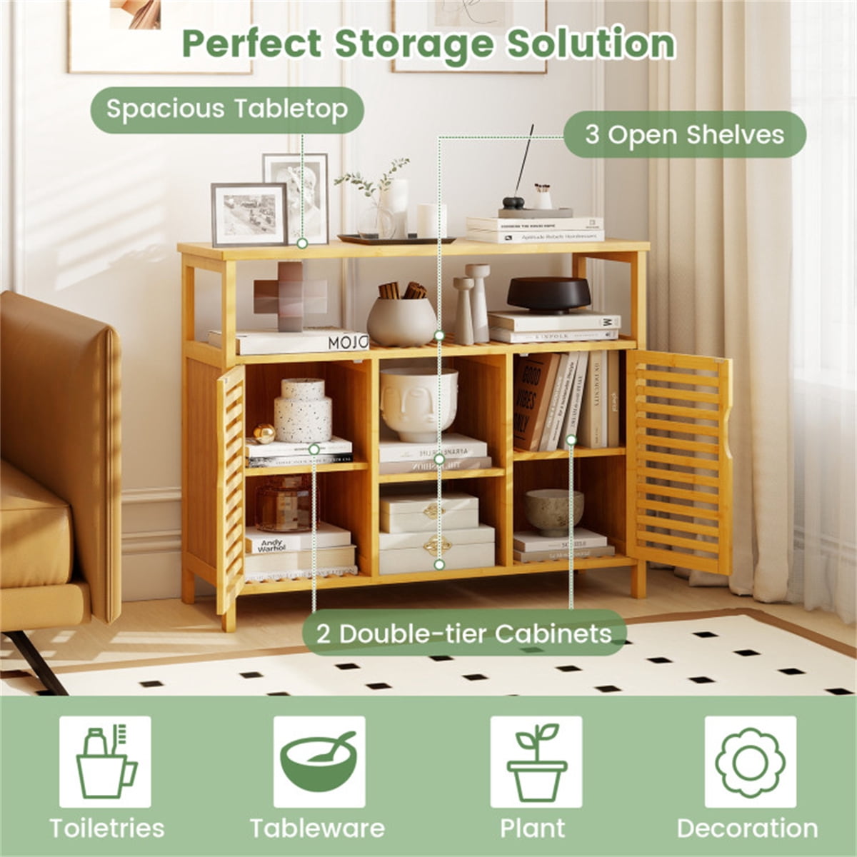 Double Door Bamboo Bathroom Storage Cabinet with Open Shelves, 39.5 Inch Tall Wood Organizer with Anti-Tip Device, for Bathroom, Kitchen, Living Room, Natural Finish