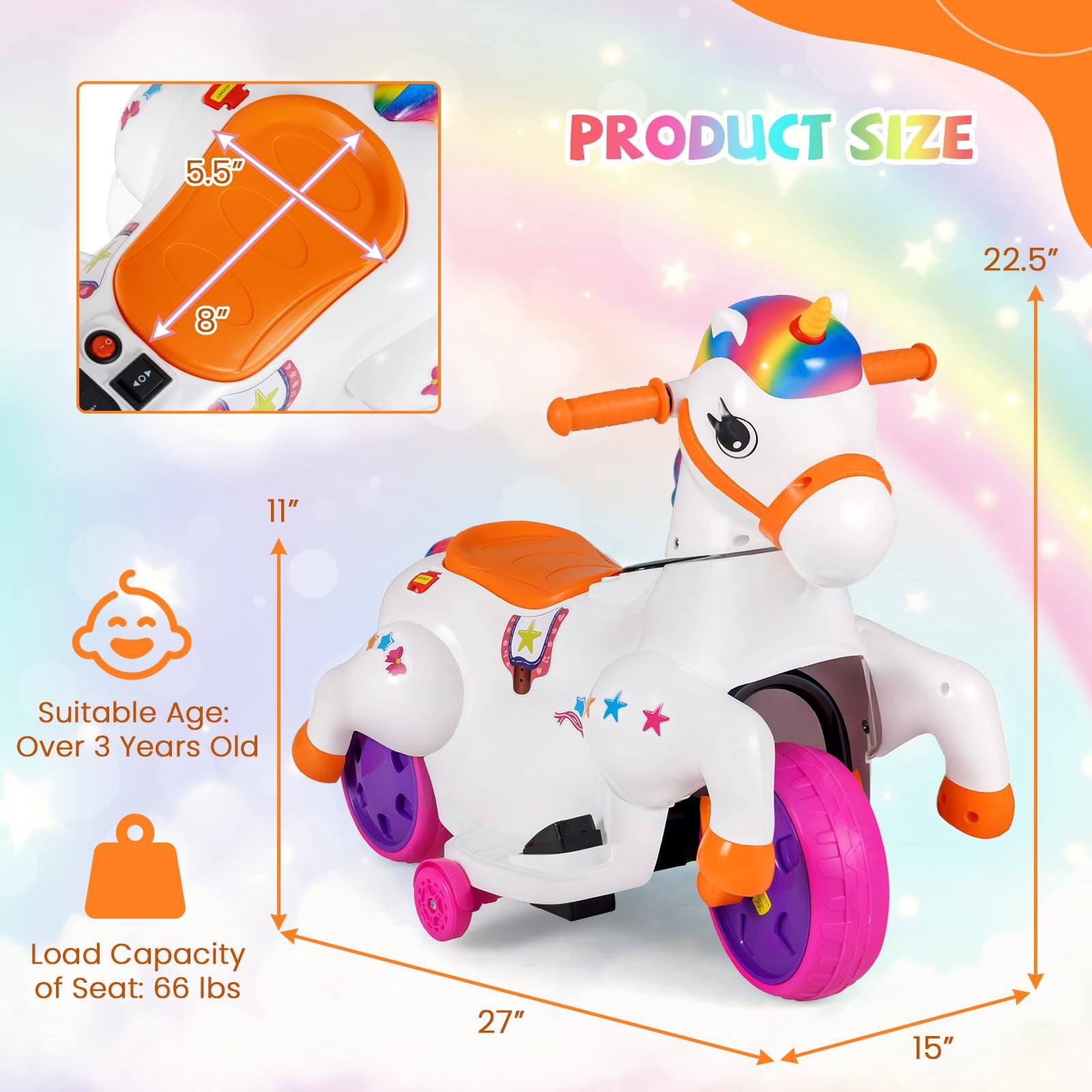 12V Unicorn Ride on Toys, 3-Wheeler Battery Powered Motorized Ride on Horse with Training Wheels, Rainbow Unicorn