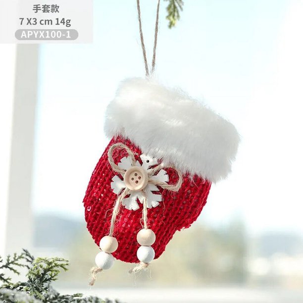 Colgante de Navidad de Año Nuevo, guantes de viruta de madera de felpa, sombrero de Papá Noel, adornos de árbol esponjosos, colgantes, regalo de vestidor de ventana