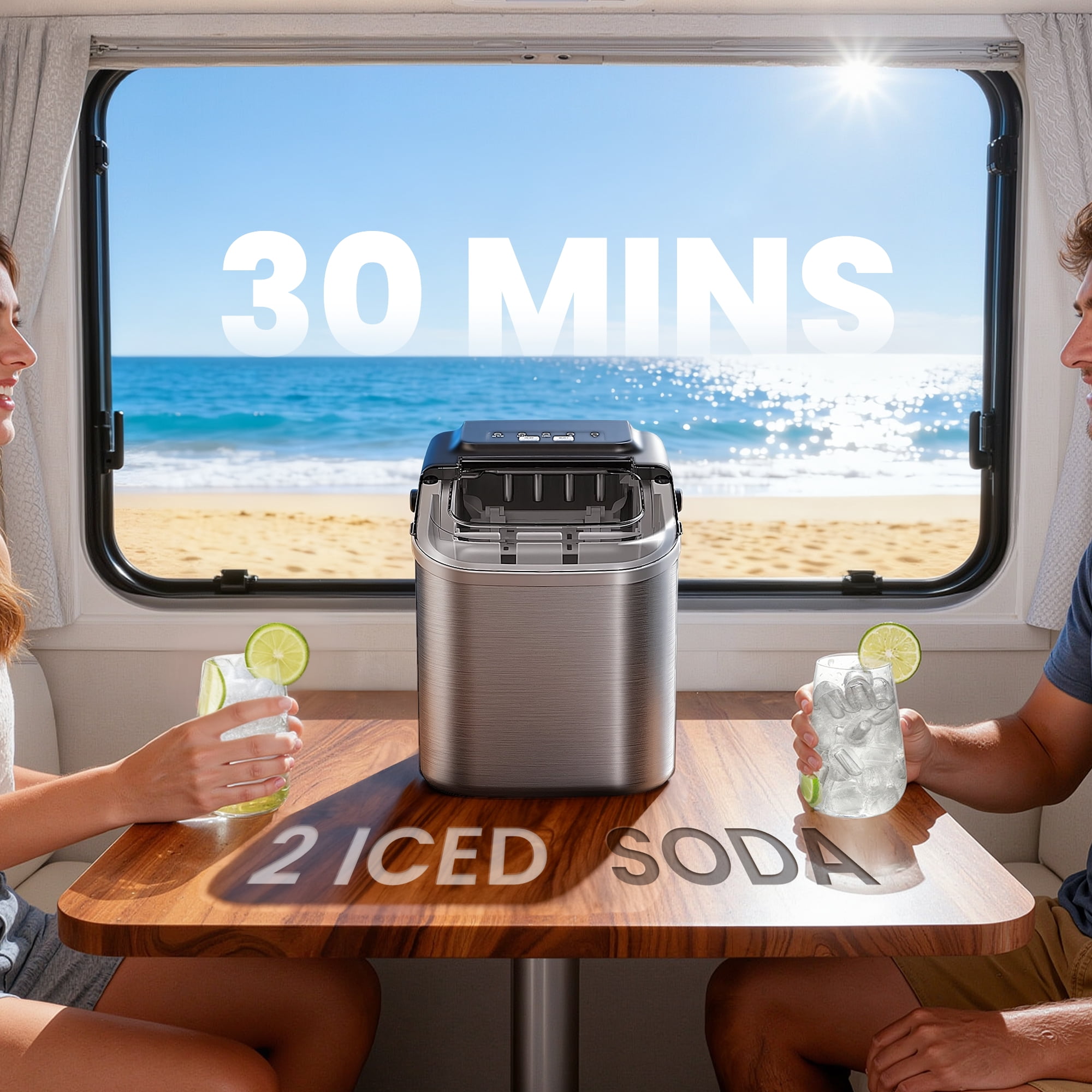 Goosiay Ice Maker Countertop, 8 Cubes in 6 Mins, 26lbs Portable Ice Makers with Ice Scoop & Basket, Compact Mini Ice Machine for Home Bar, Kitchen, Dormitory, Stainless Steel, Silver