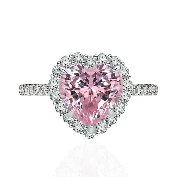 3 Carat Sterling Silver Halo Wedding Engagement Rings Heart Shaped Pink Diamond Rings CZ Heart Cocktail Ring for Women 18K Gold Plated