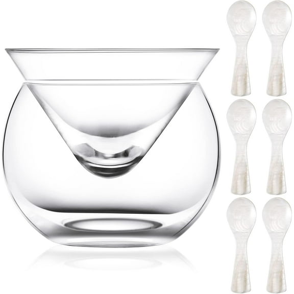Glass Caviar Chiller Server Set Plus 6 Pcs 3.2 Inch Mother of Pearl Round Handle Spoons Caviar Serving Set Universal Martini, Wine, Liquor Cocktail Ice Cream Chiller Dishwasher Safe