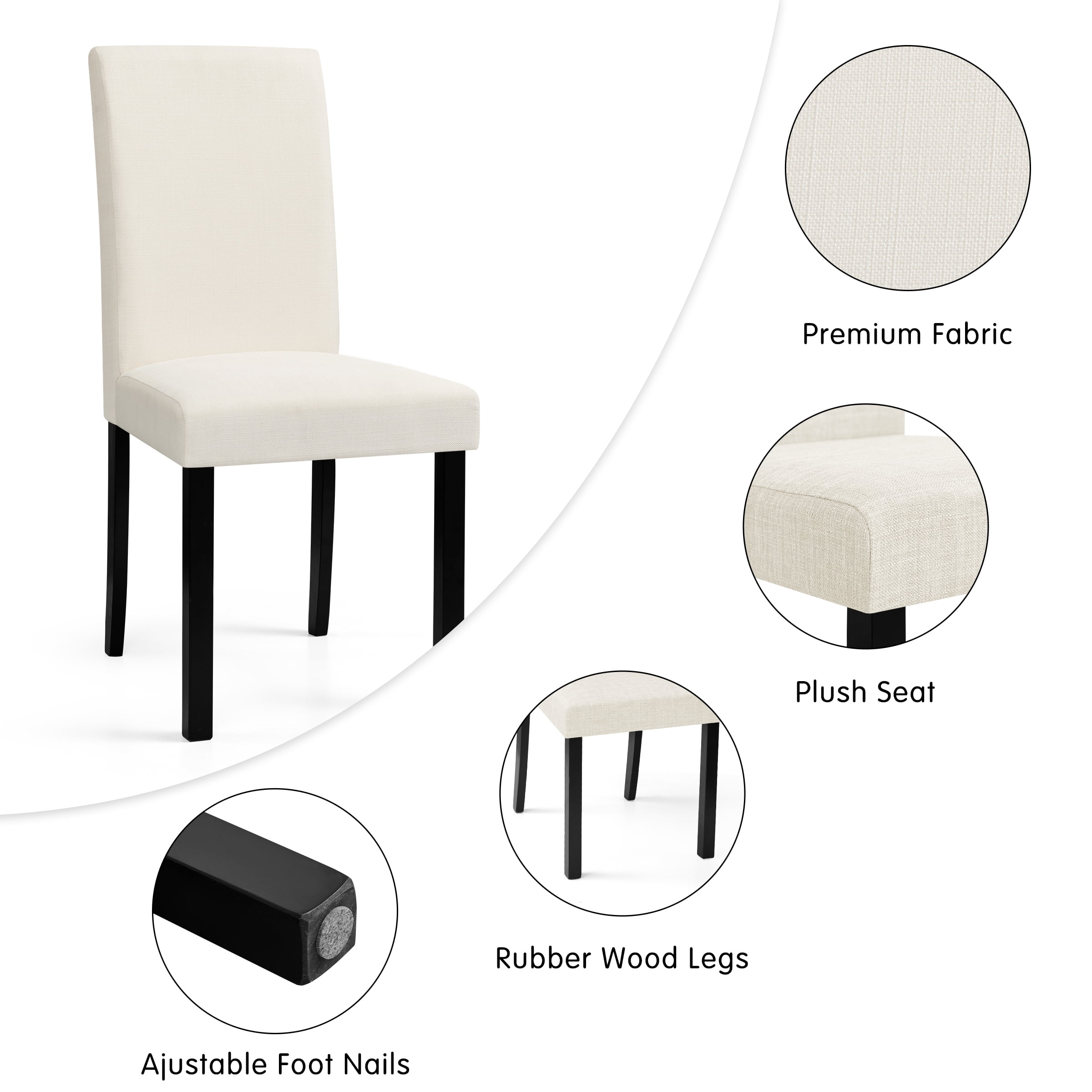 DyFun Linen Upholstered Dining Chairs Set of 2, Solid Wood Kitchen & Dining Room Chairs for Breakfast Nook or Apartment Living, Ivory