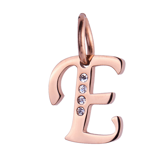 Charm para Pulsera LuckyLy, Dije Inicial Letra A, Acero Inoxidable con Baño de Oro Rosa 18k y Zirconia Cúbica, Modelo Lizzy rosa Letra E