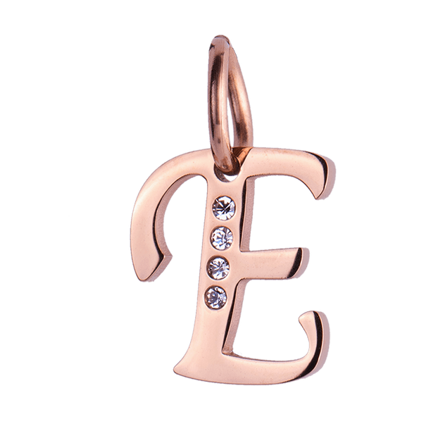 Charm para Pulsera LuckyLy, Dije Inicial Letra A, Acero Inoxidable con Baño de Oro Rosa 18k y Zirconia Cúbica, Modelo Lizzy rosa Letra E