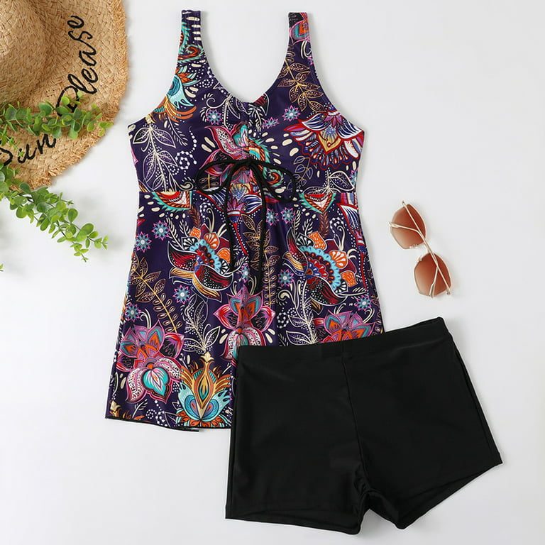 UHUYA Womens Two Piece Swimsuits Swimsuit Printed Tank Top Bathing Suit  With Shorts Swimwear Purple B M US:6 