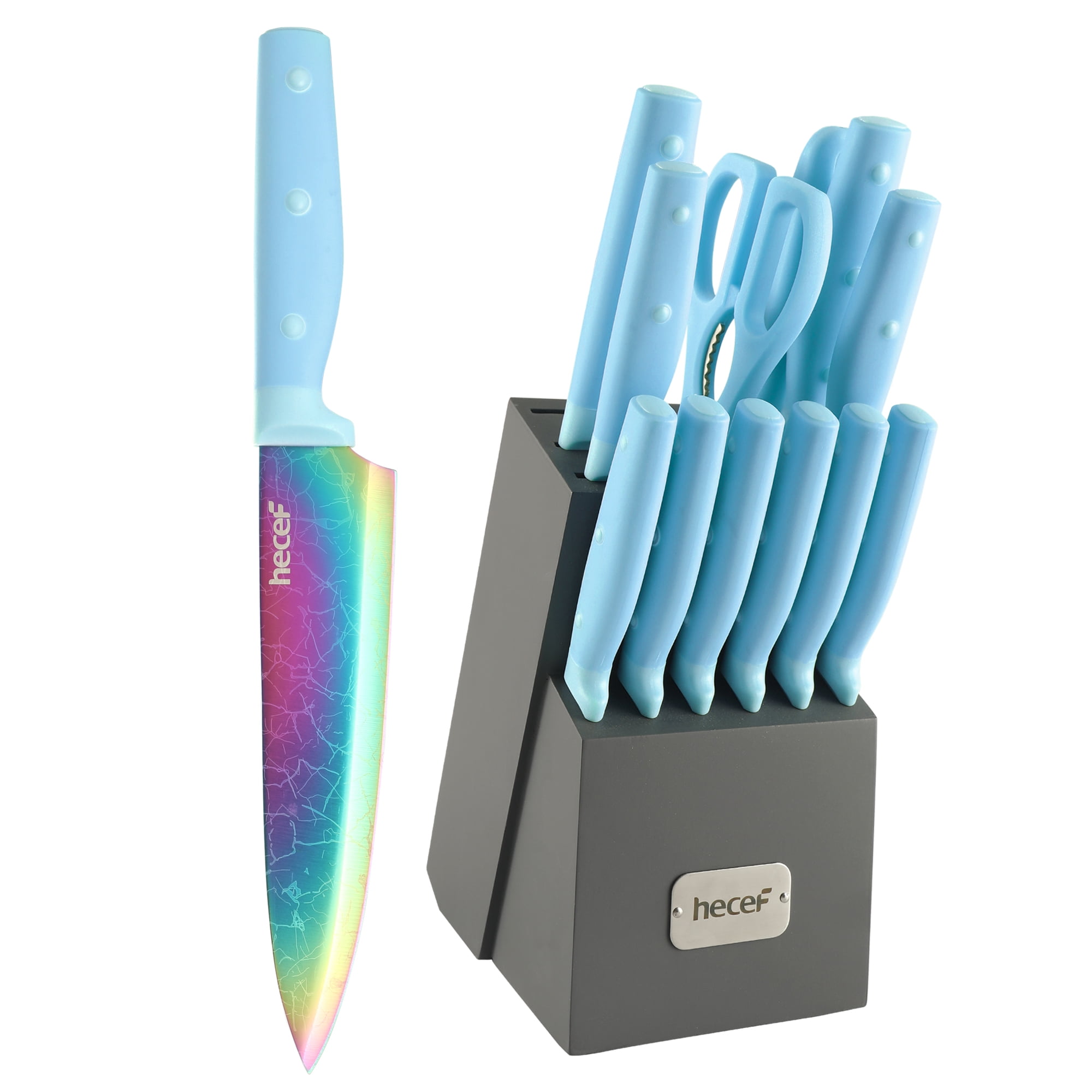 Hecef 14 Pieces Knife Set with Wooden Block, Rainbow Titanium Coated Chef Steak Knife,Sharpener