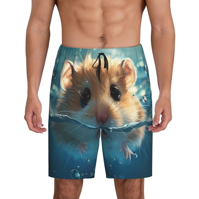 Balery Cute Swimming Guinea Pig Pantalones cortos de pijama de punto de algodón para hombre con cinturilla y bolsillos-Small
