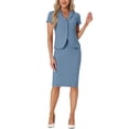 thumbnail image 3 of INSPIRE CHIC Women's Business 2 Piece Suit Set Short Sleeve Work Blazer Jacket and Pencil Skirt 3XL Grey Blue, 3 of 7