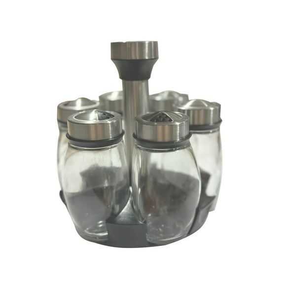 Rotating Spice Rack Set with 6 Glass Jars and Adjustable Dispensing Lids, 6.3 in x 6.3 in x 6.89 in, Black