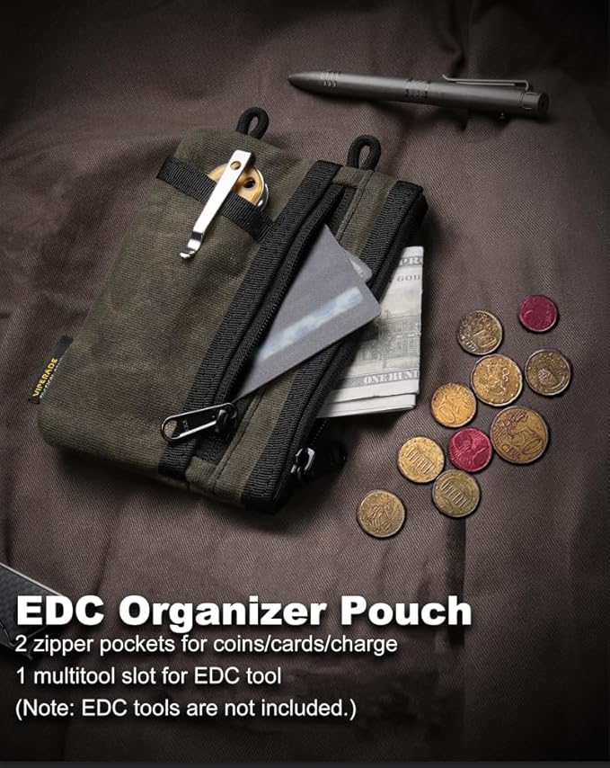 VIPERADE VE18N-OW Waxed Canvas Zipper Wallet, Slim Pocket Pouch, 3 Slots and 2 Zipper Pockets - Minimalist EDC Wallet (OD Green)
