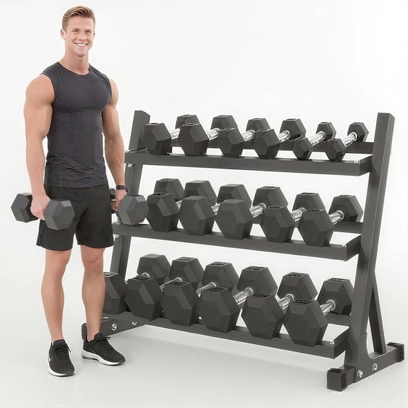 350 lbs Rubber Hex Dumbbell Set with Rack (5-50 lbs) - Home Gym Fitness, Space Saving Strength Training Equipment for Men Women - Build Muscle, Get Fit