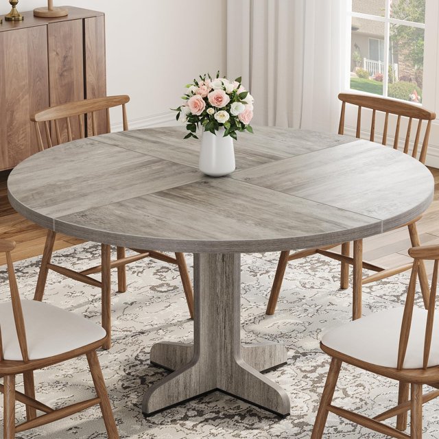 Round Dining Table for 4, 47 Inches Dining Room Table with Wooden Base, Circle Kitchen Dinner Table for Dining Room, Kitchen, Living Room (Table Only), Grey