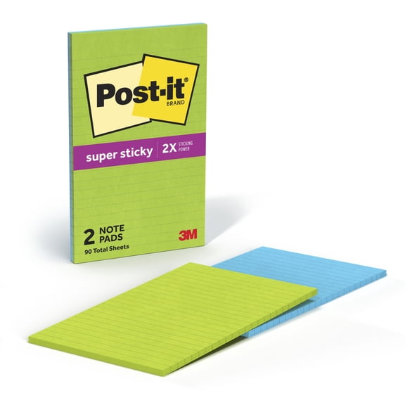 Post-it Super Sticky Notes, Lined, 5 in x 8 in, Green and Blue, 2 Pads