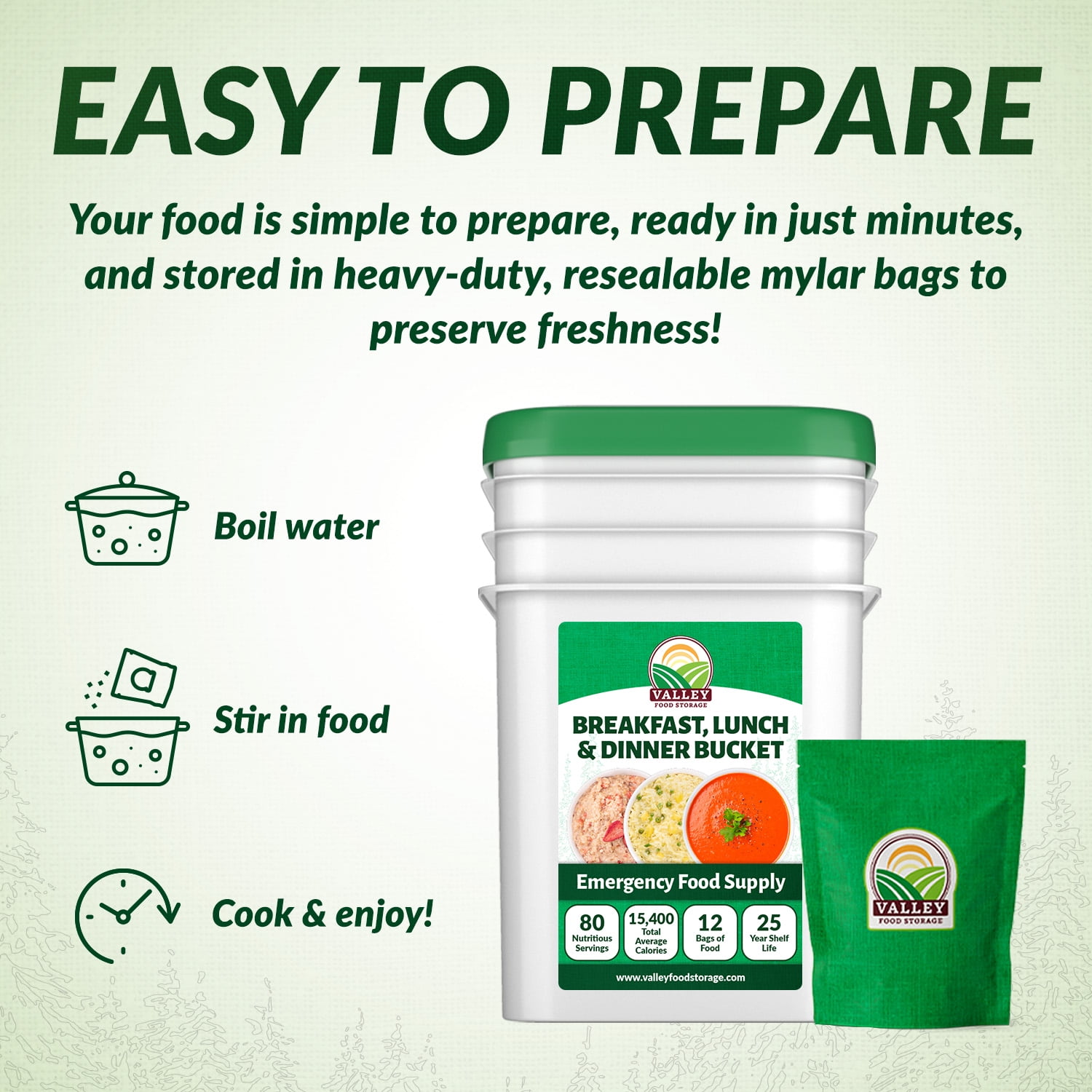 Valley Food Storage Breakfast Lunch & Dinner Bucket, 80 Servings, 25 Year Shelf Life