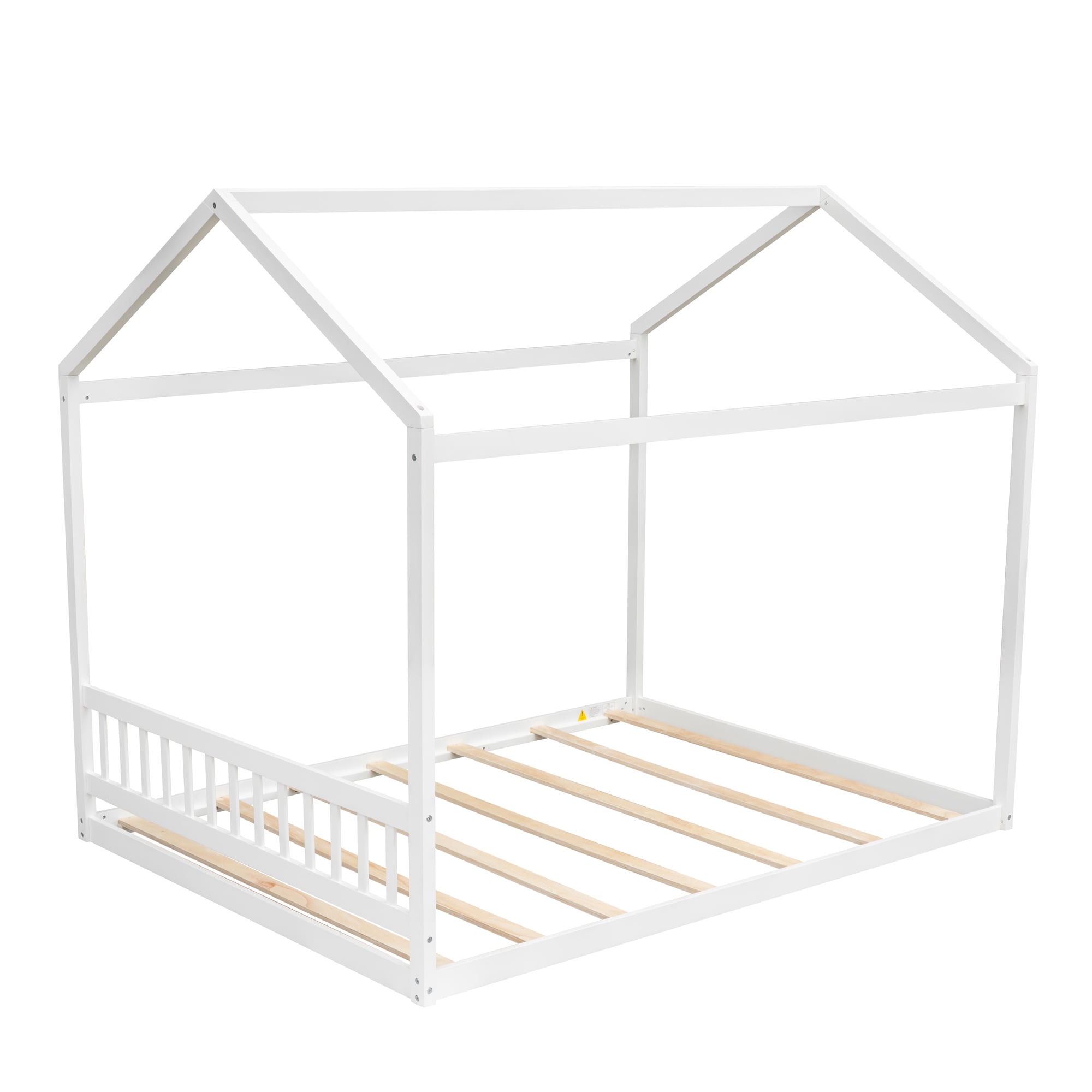 Harper & Bright Designs Queen Size Floor House Bed for Kids, Wood Montessori Bed with Headboard, Full House Bed with Roof for Girls & Boys, White