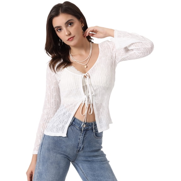 Unique Bargains Women's Tie Front Bell Long Sleeve Bolero Cardigan Shrug XS White