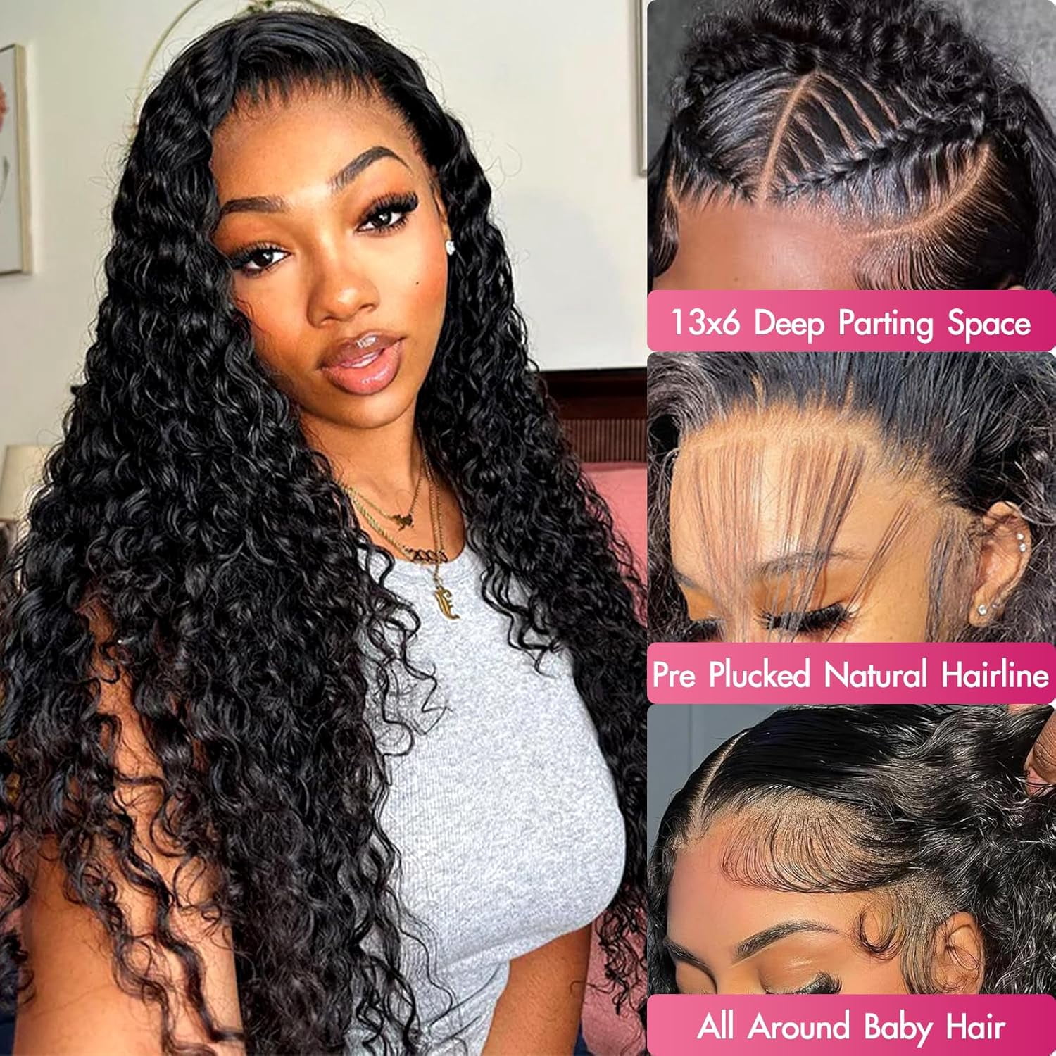 Spou 13x6 Water Wave Lace Front Wigs Human Hair Pre Plucked HD Transparent,200% Density Lace Frontal Wigs Human Hair Wigs for Women