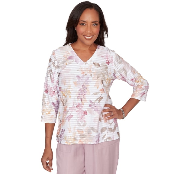Alfred Dunner Womens Watercolor Floral Textured V-Neck Top