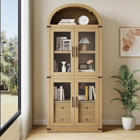 Arched Pantry Cabinet with Doors ,Wood Bookcase with 2 Drawers Modern Display Storage Cabinet for Kitchen, Dining Room,Natural