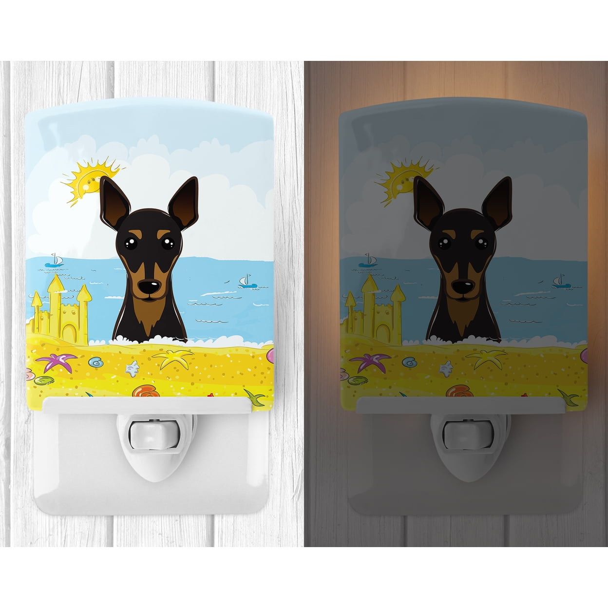 Caroline's Treasures BB2108CNL Min Pin Summer Beach Ceramic Night Light, 6x4x3", multicolor