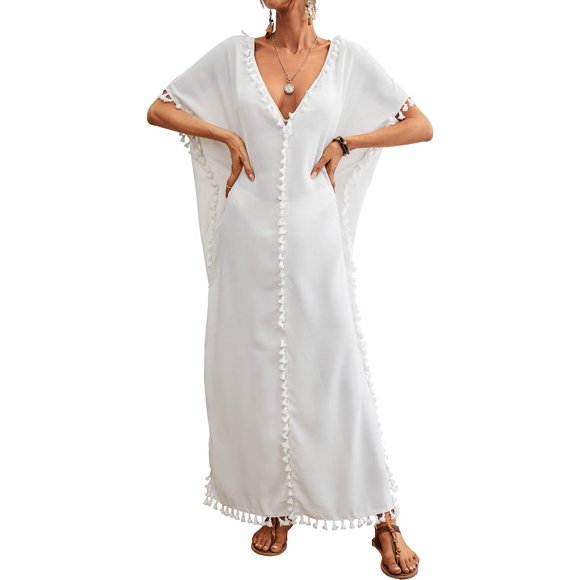 Bsubseach Robe Maxi à Col en V pour Femmes, par-Dessus de Maillot de Bain, à Franges, Couleur Unie, Kaftan, Tenue d'Intérieur