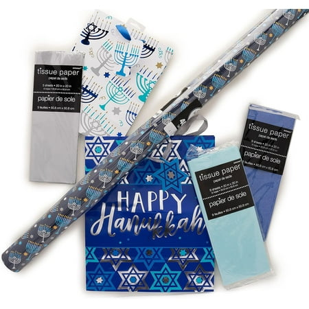 Stephanie Imports Made in USA 12 Hanukkah Themed Paper Shopping Bags (6 small, 6 medium) With Tissue Paper & Gift Wrap Rolls